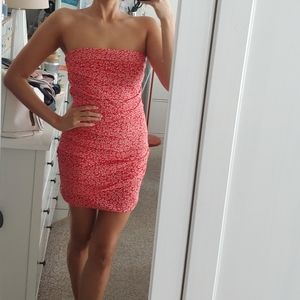 Sakura coral and white floral strapless mini dress